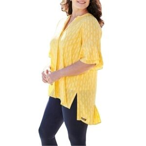 Matilda Jane Golden Hour oversized yellow and white button down tunic blouse